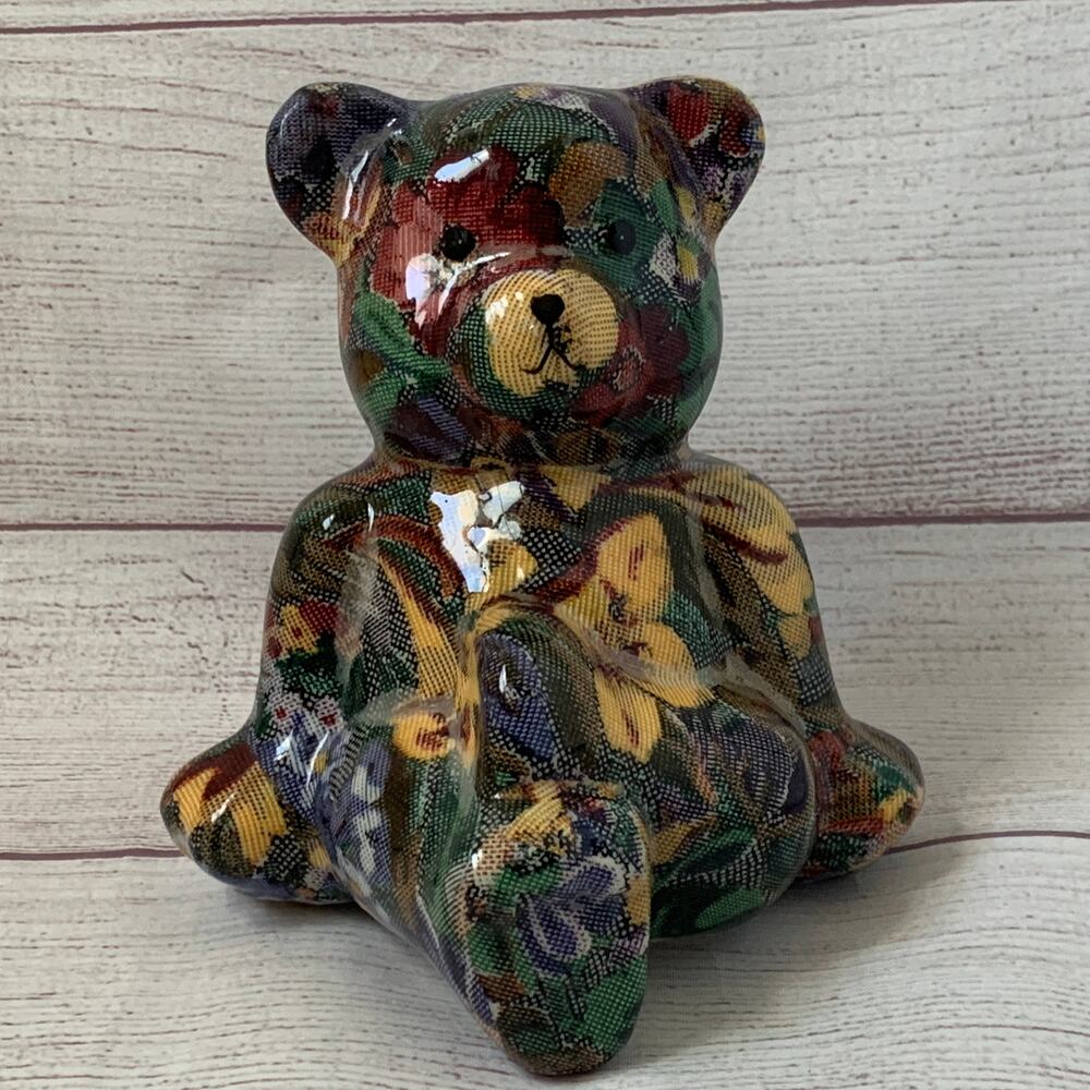 Vintage Ceramic Multi-colored Sitting Bear Floral Decoupage Patchwork 6"H